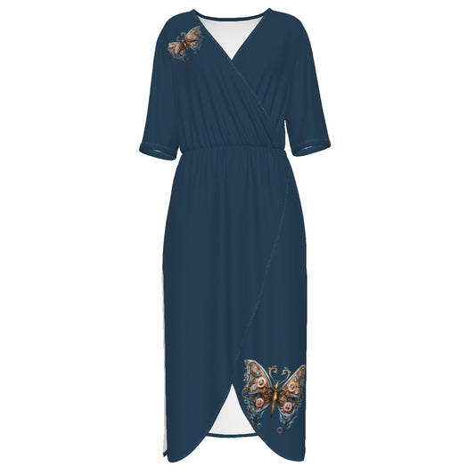 Steam Punk Teal Butterfly V-neck Wrap Front Dress