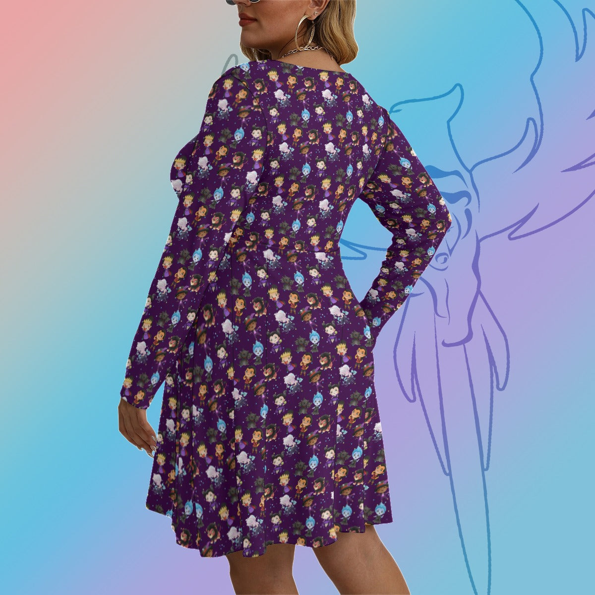 Purple Villains V-neck Long Sleeve Dress