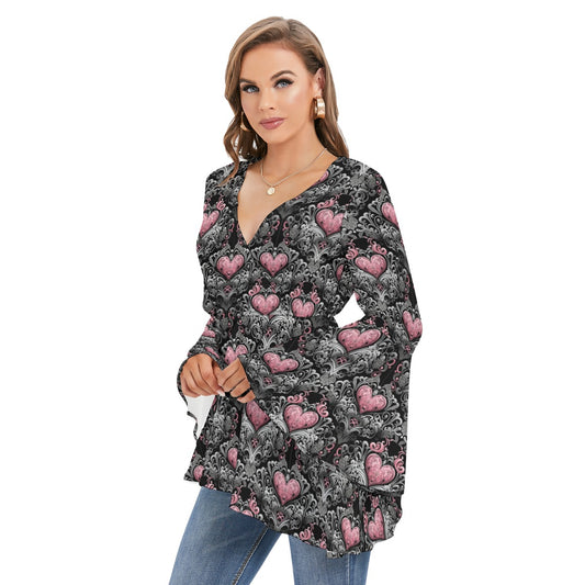 Gothic Heart V-neck Blouse With Flared Sleeves