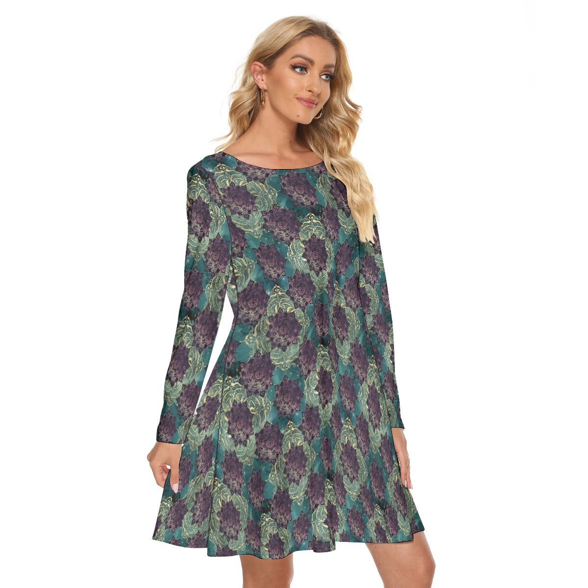 Teal and Gold Mandala Crew Neck Dress