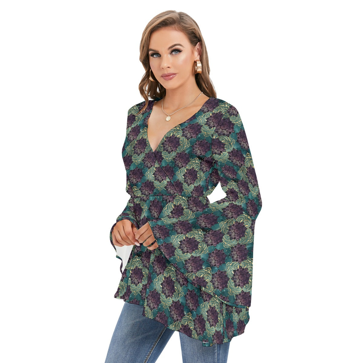 Teal Madala V-neck Blouse With Flared Sleeves