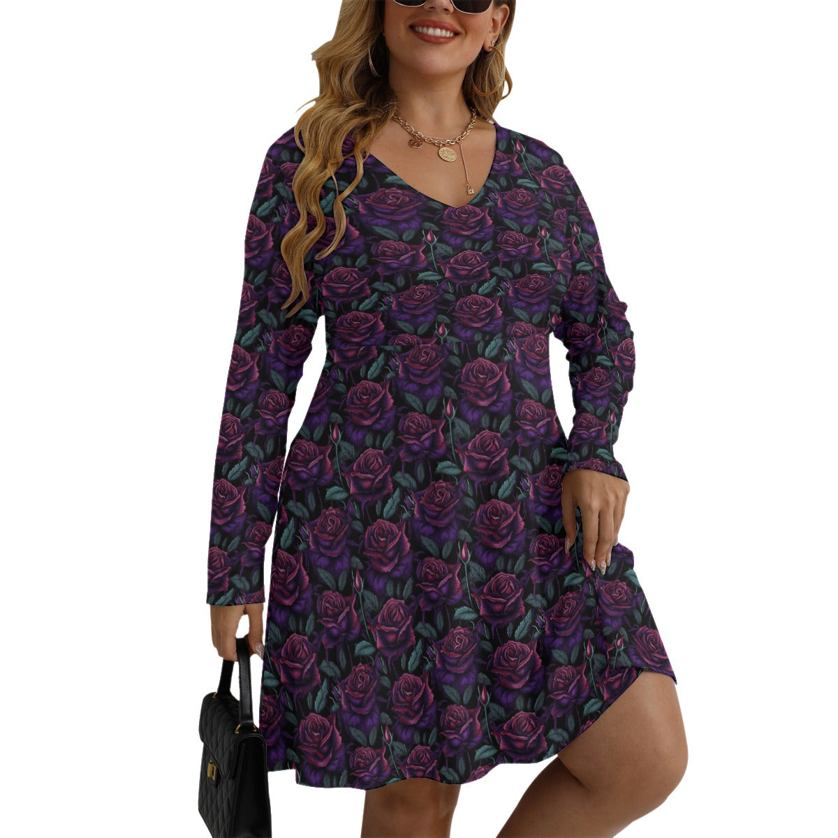 Purple Roses V-neck Long Sleeve Dress