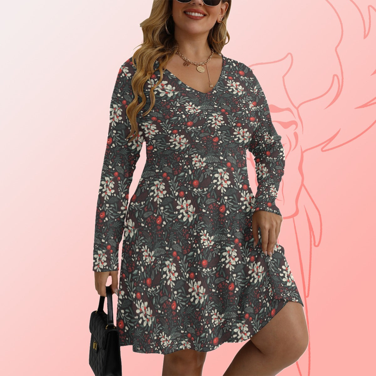 Winter Floral V-neck Long Sleeve Dress