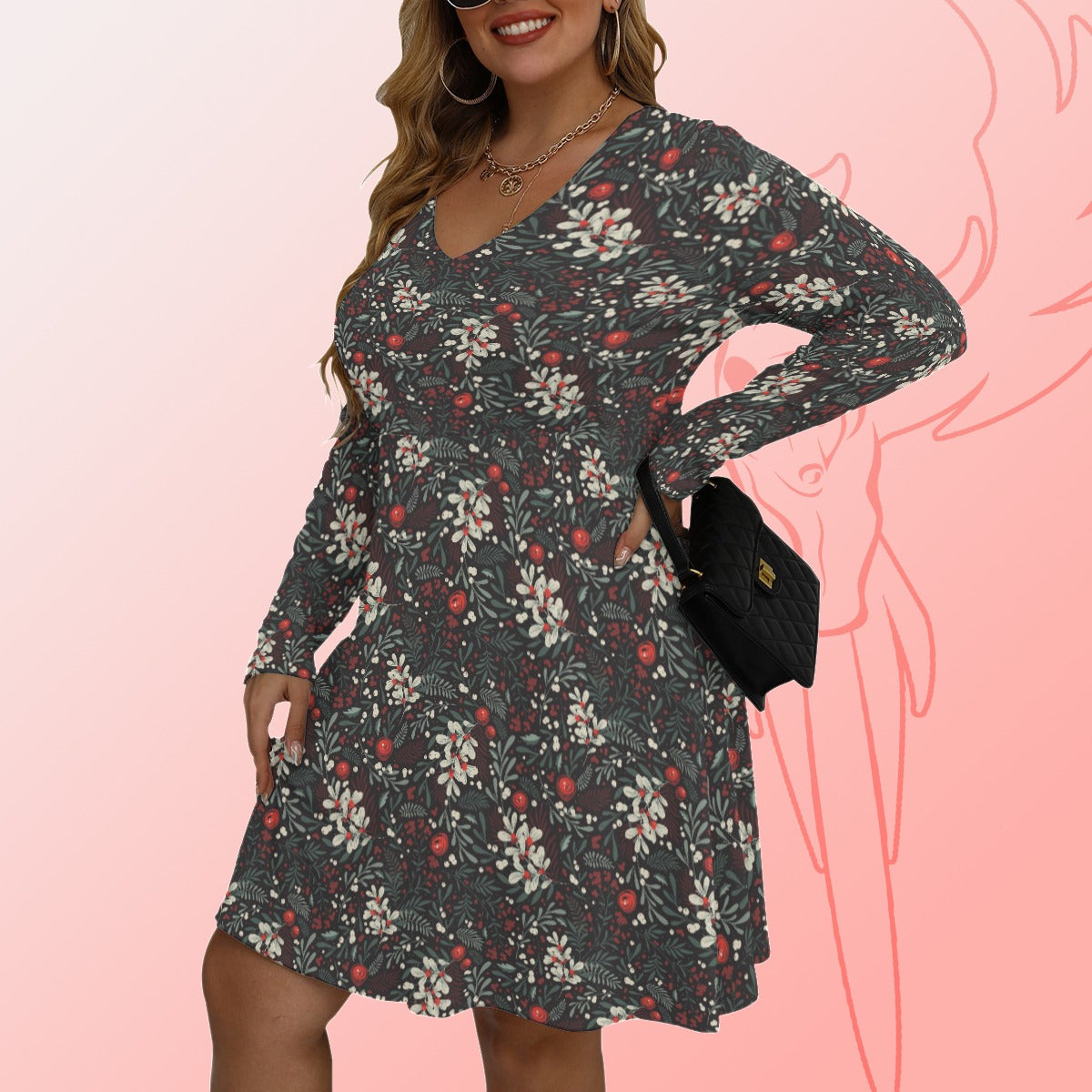 Winter Floral V-neck Long Sleeve Dress