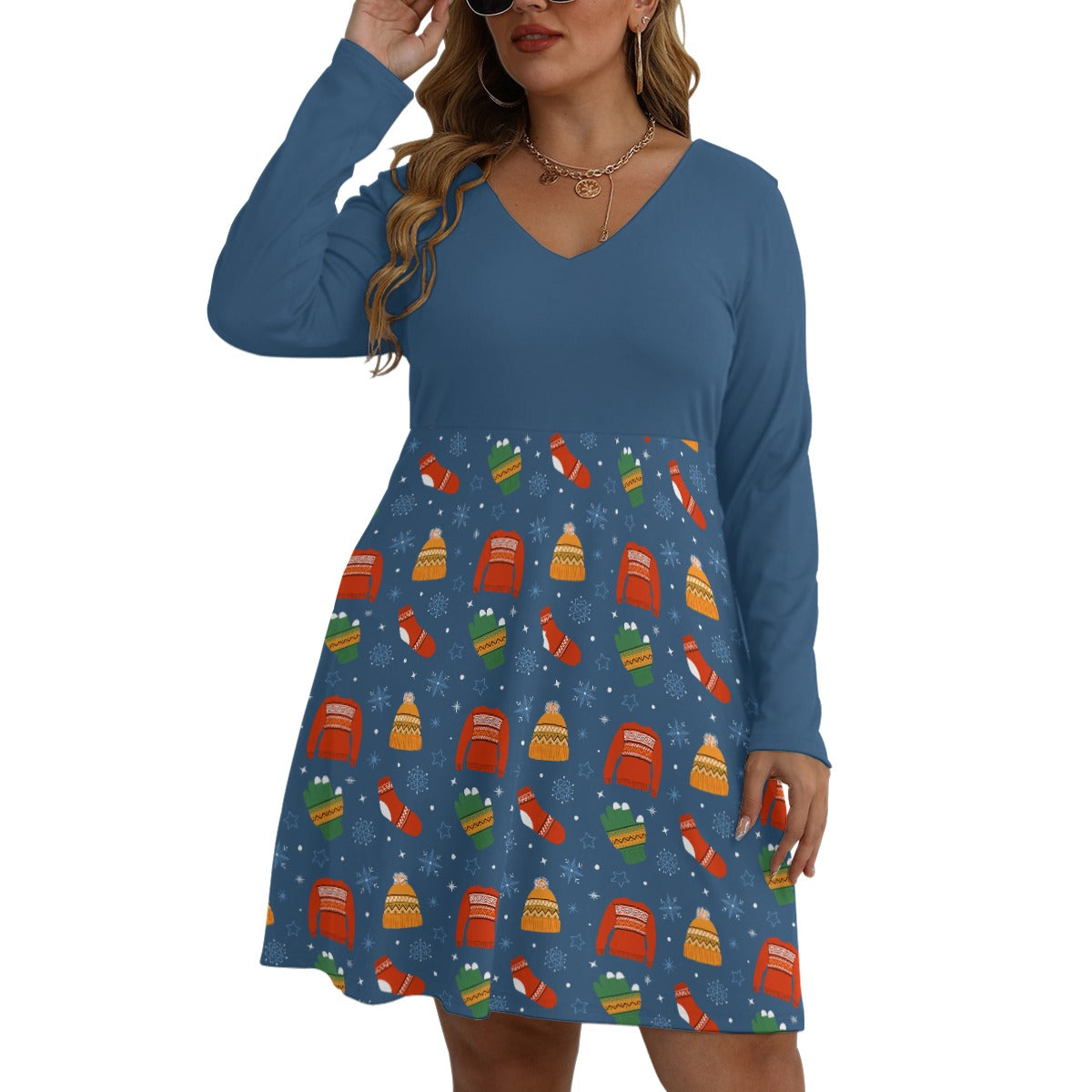 Blue Xmas Sweater V-neck Long Sleeve Dress