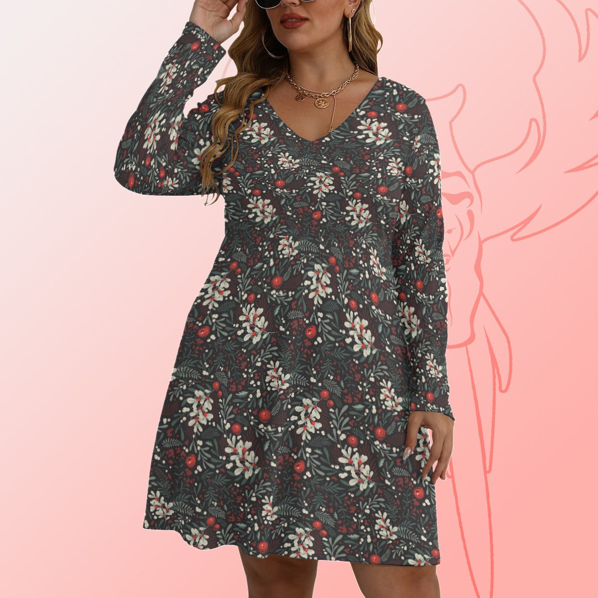 Winter Floral V-neck Long Sleeve Dress