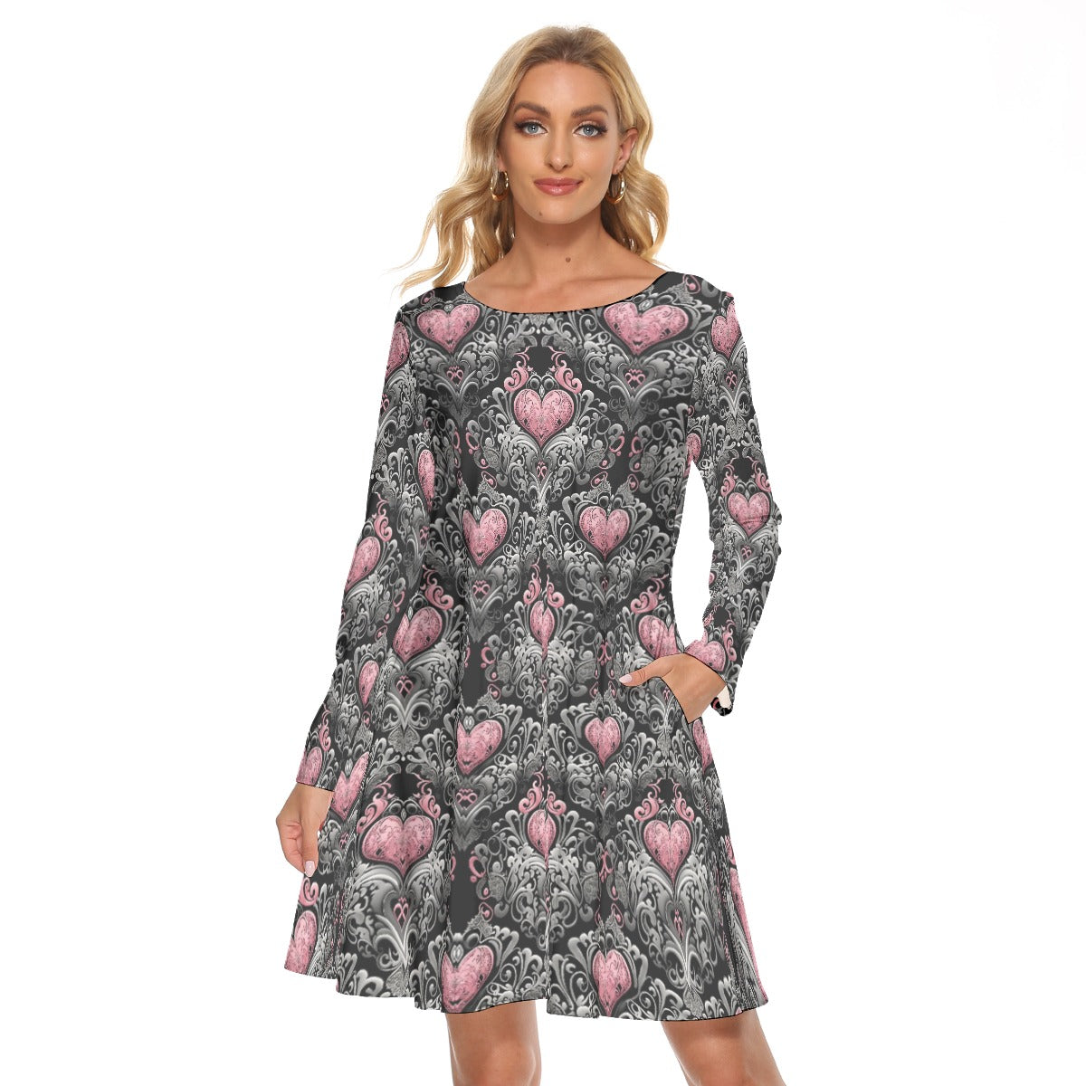 Gothic Pink Heart Crew Neck Dress