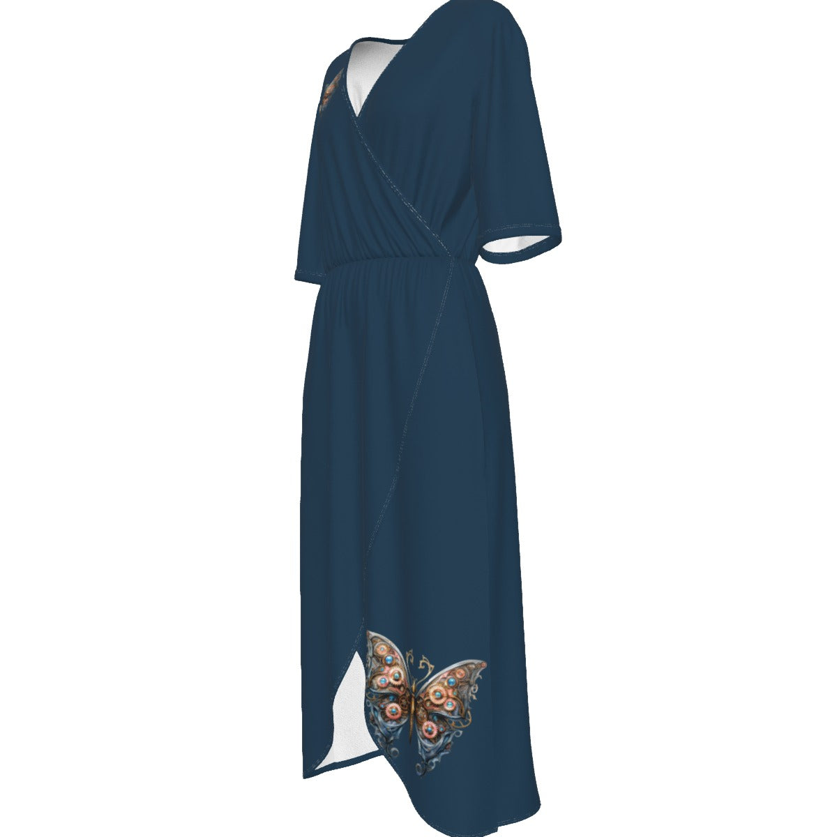 Steam Punk Teal Butterfly V-neck Wrap Front Dress