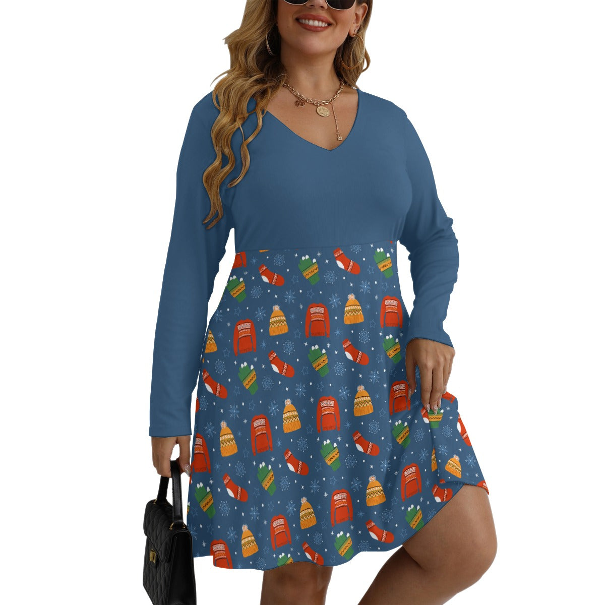 Blue Xmas Sweater V-neck Long Sleeve Dress