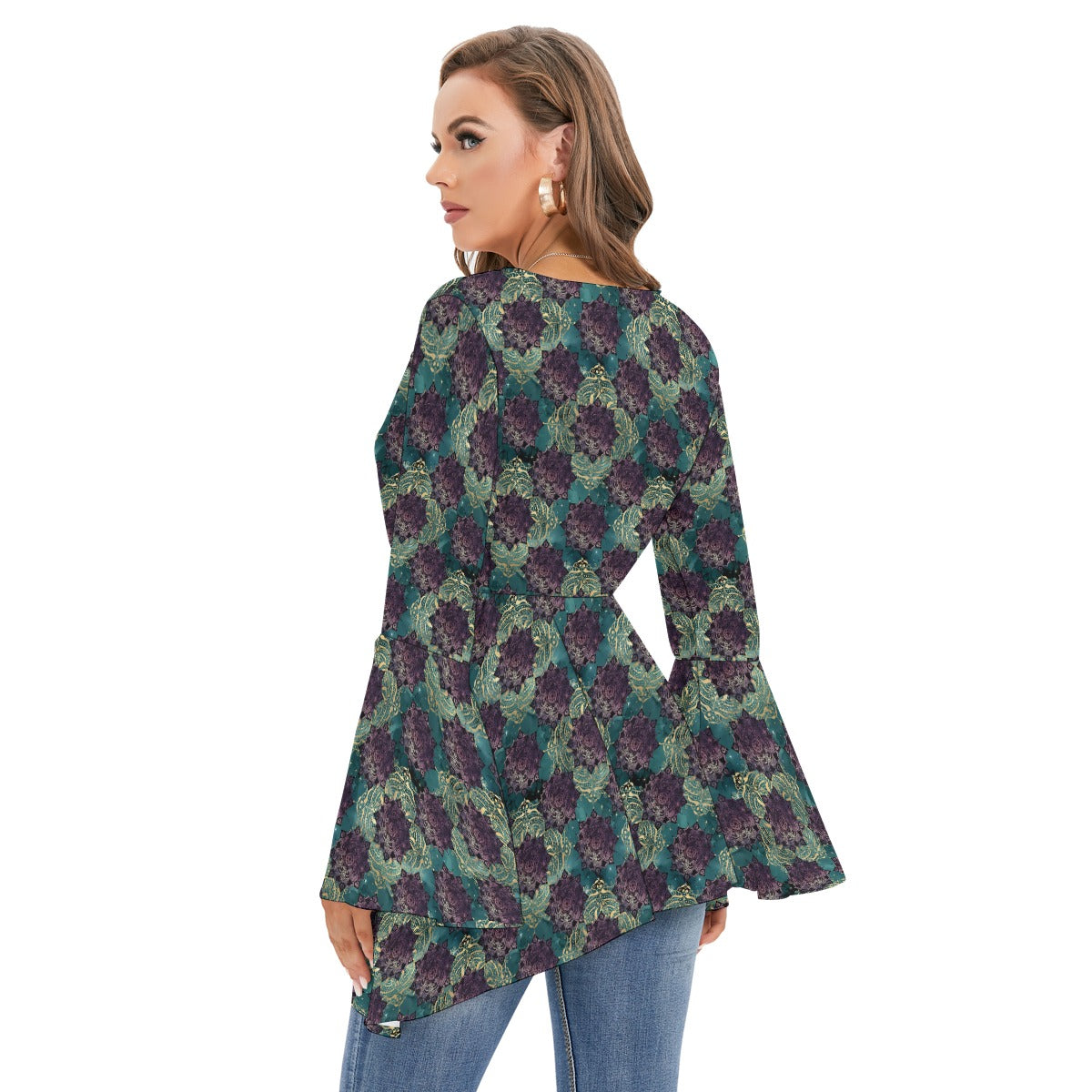 Teal Madala V-neck Blouse With Flared Sleeves