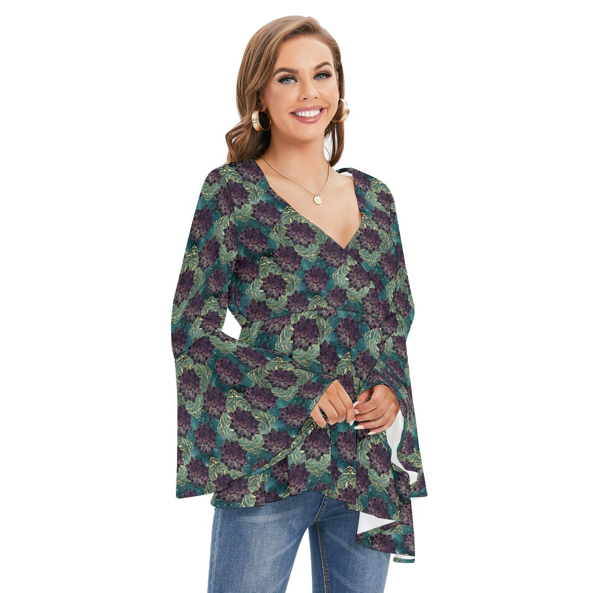 Teal Madala V-neck Blouse With Flared Sleeves