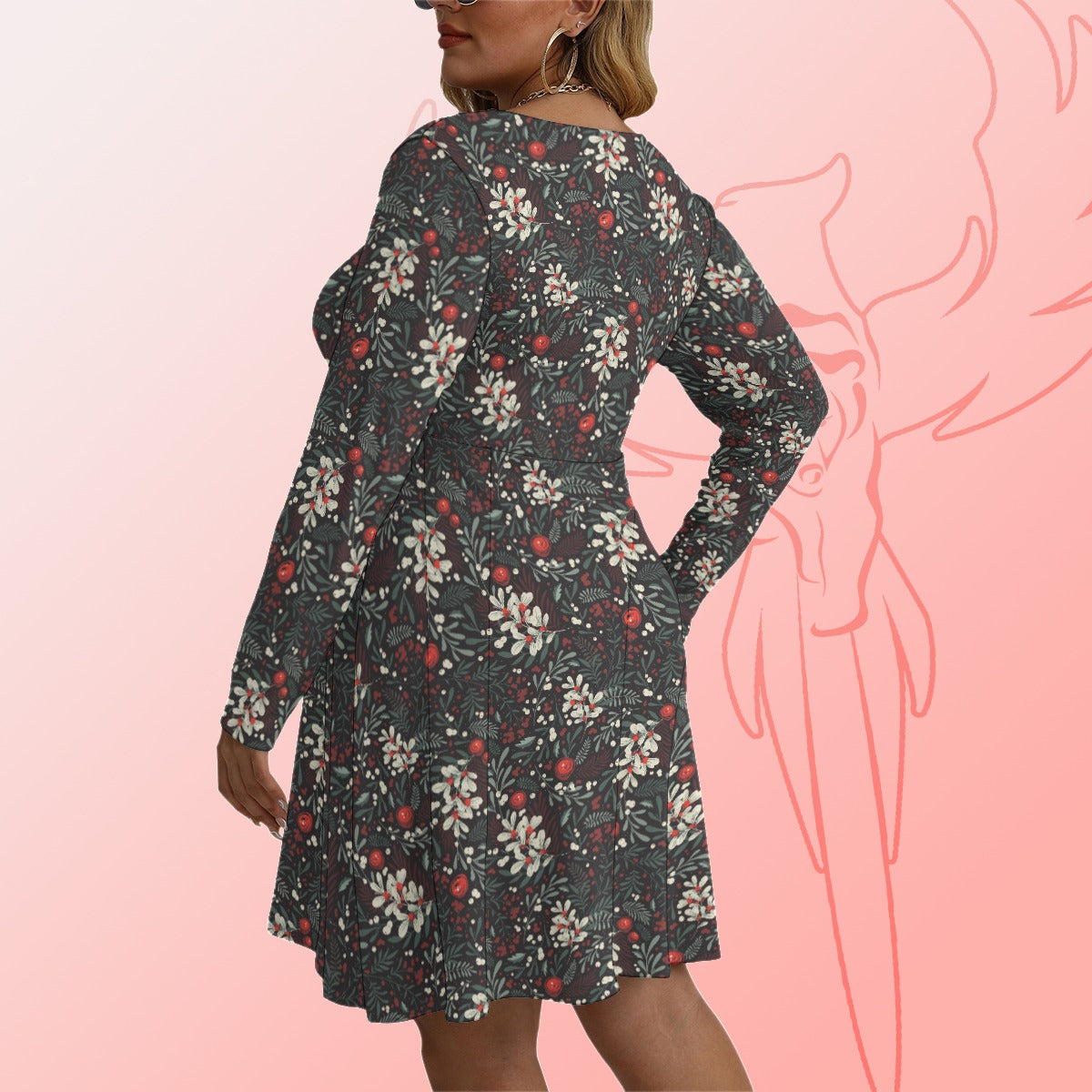 Winter Floral V-neck Long Sleeve Dress