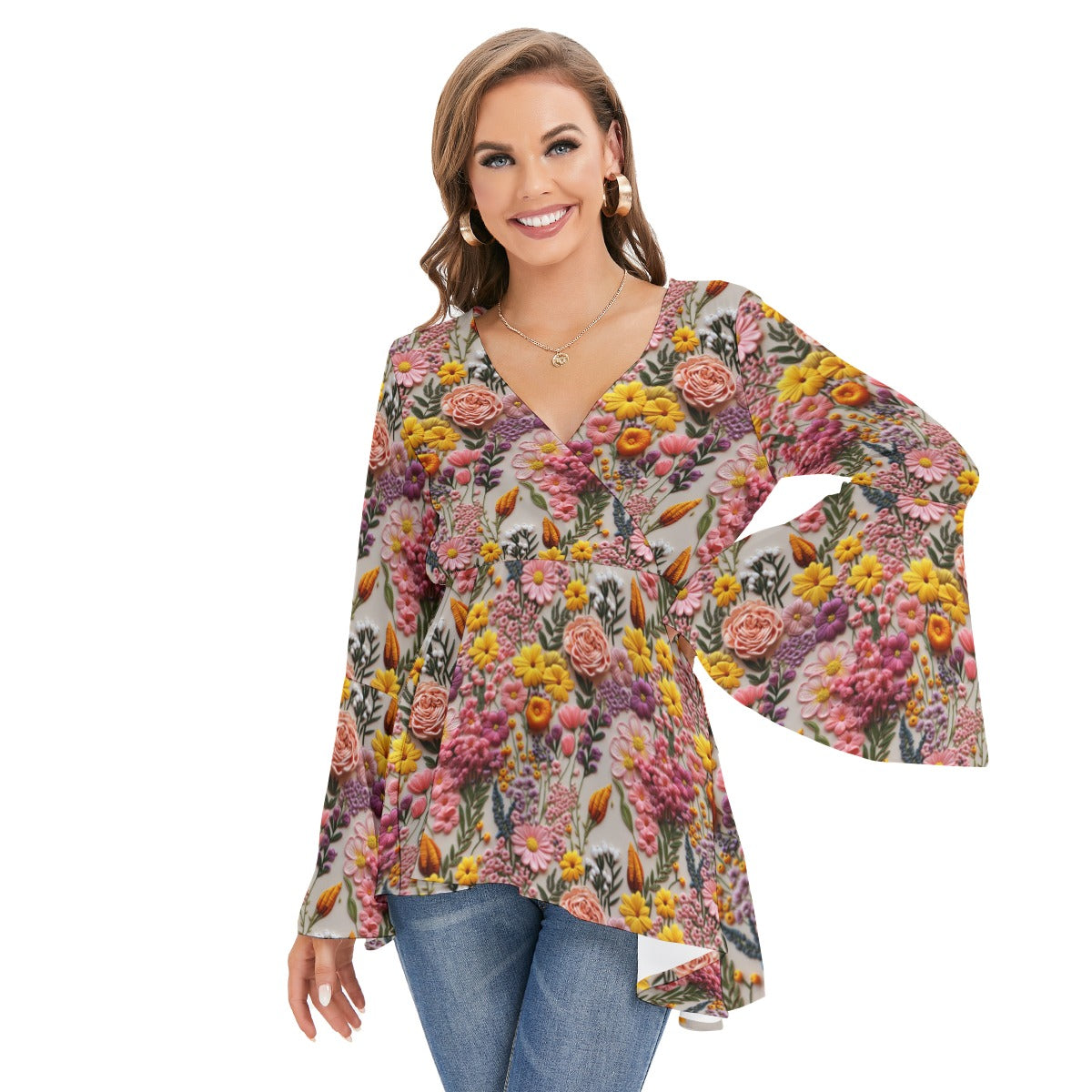 Spring embroidered flowers V-neck Blouse With Flared Sleeves