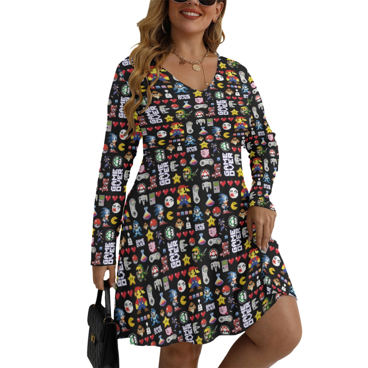 Retro Game V-neck Long Sleeve Dress