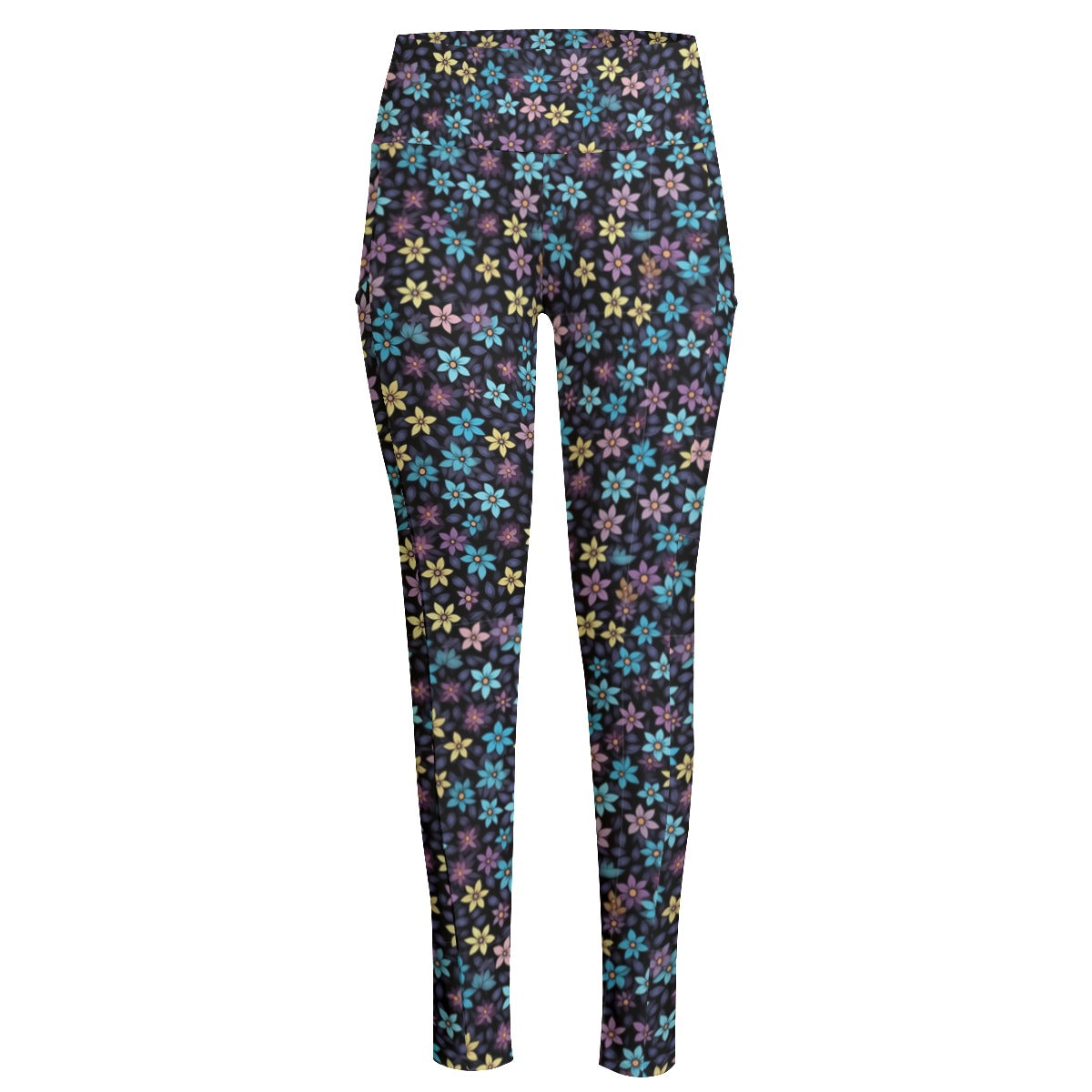 Flowers High Waist Leggings With Side Pocket