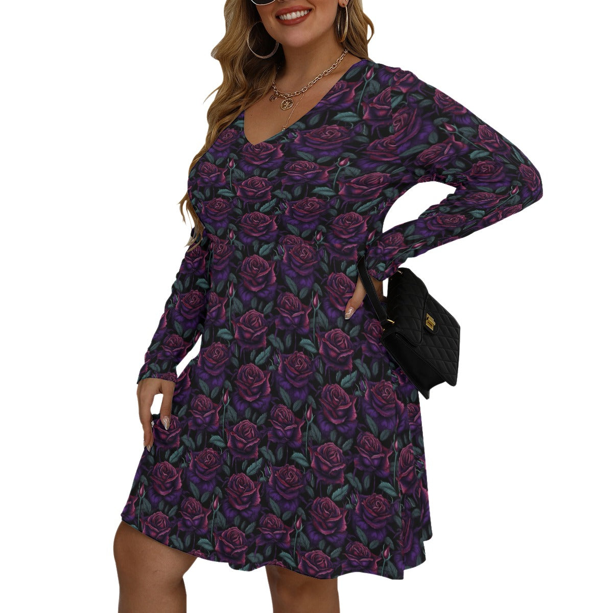 Purple Roses V-neck Long Sleeve Dress