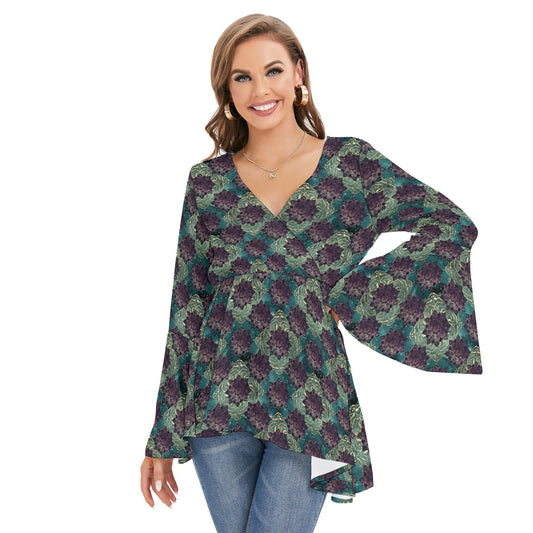 Teal Madala V-neck Blouse With Flared Sleeves