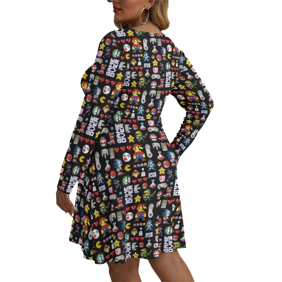 Retro Game V-neck Long Sleeve Dress