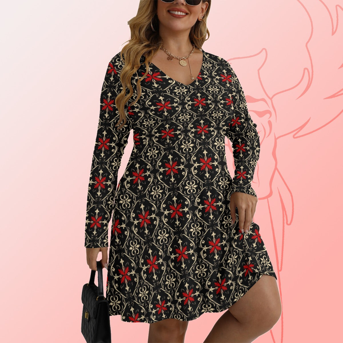 Gothic Print V-neck Long Sleeve Dress