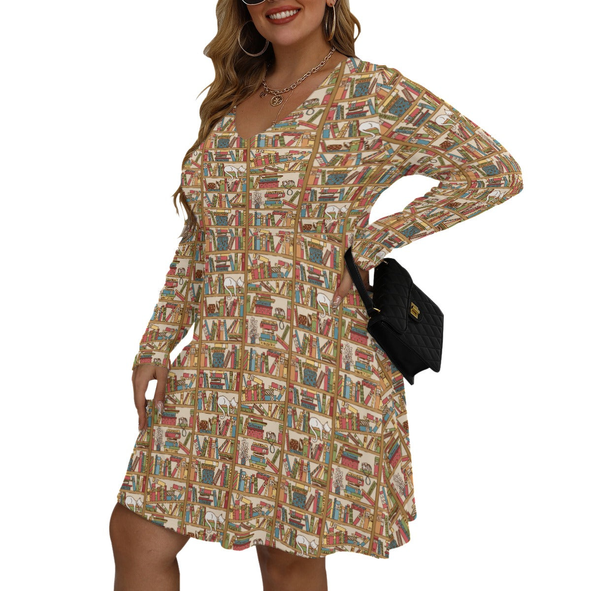 Cat Library V-neck Long Sleeve Dress