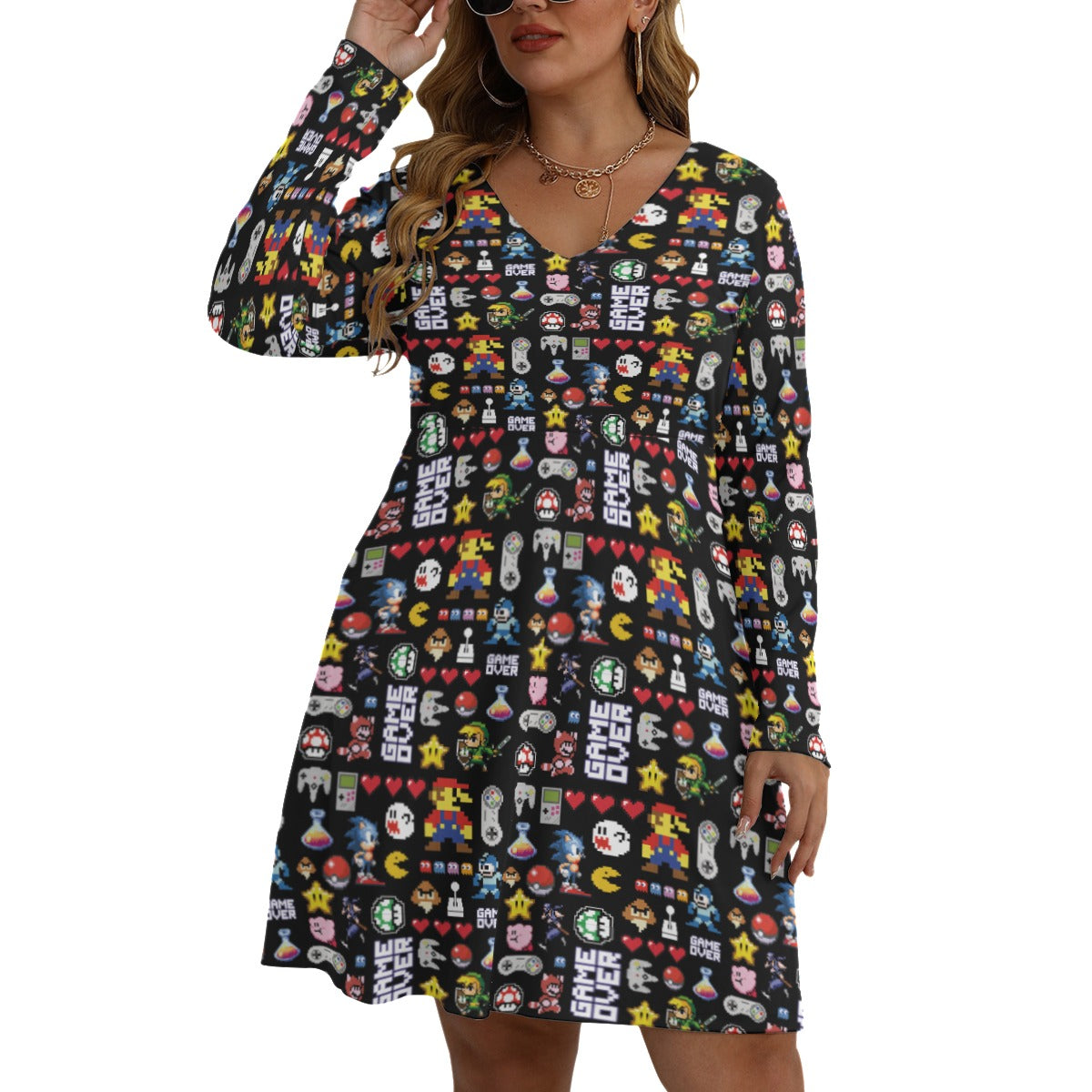 Retro Game V-neck Long Sleeve Dress