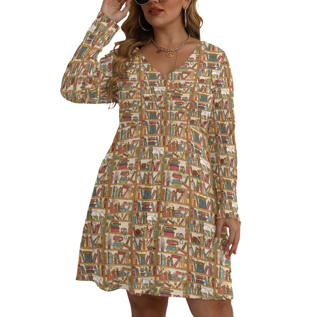 Cat Library V-neck Long Sleeve Dress