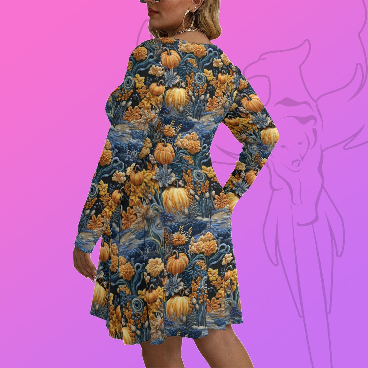 Blue Pumpkins V-neck Long Sleeve Dress