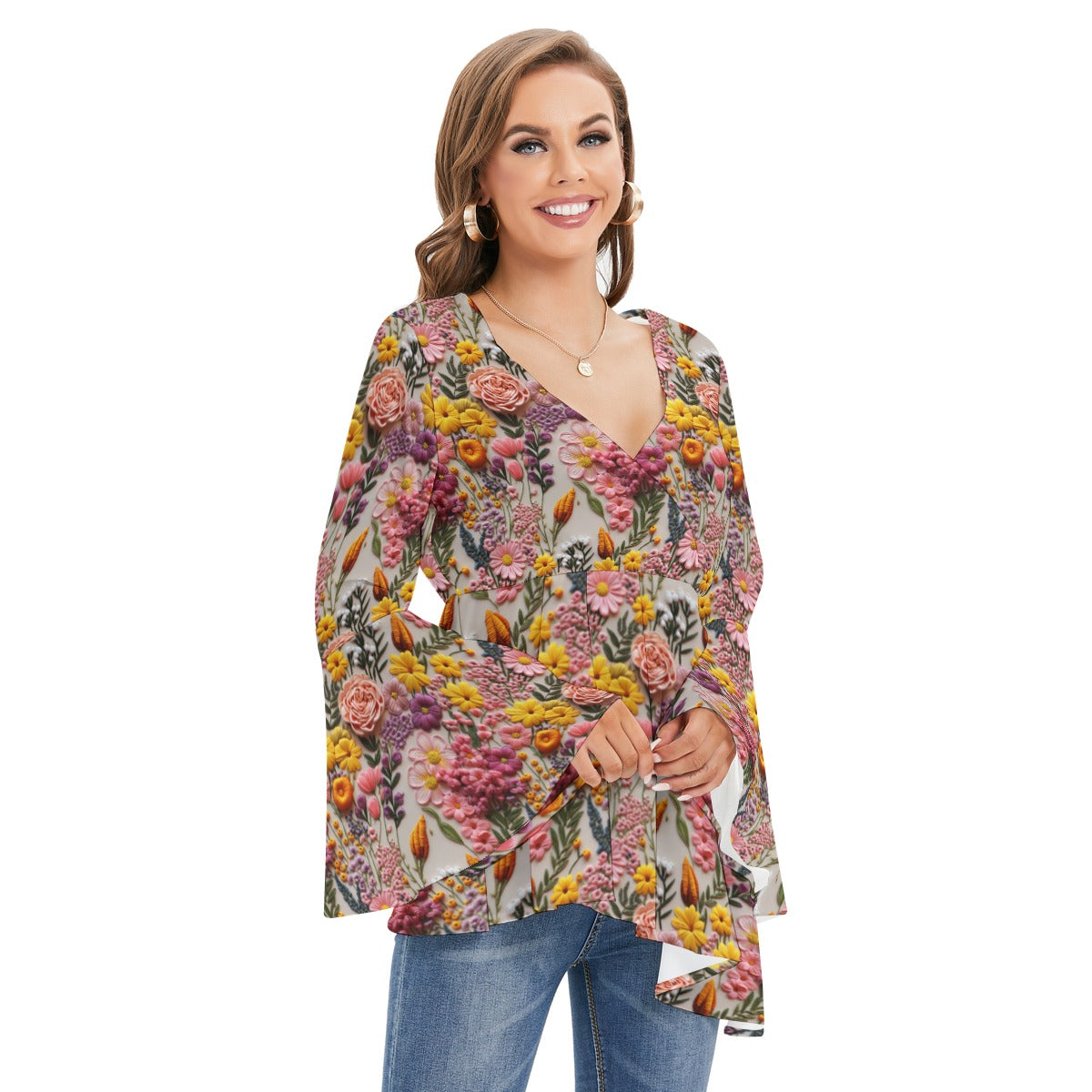 Spring embroidered flowers V-neck Blouse With Flared Sleeves