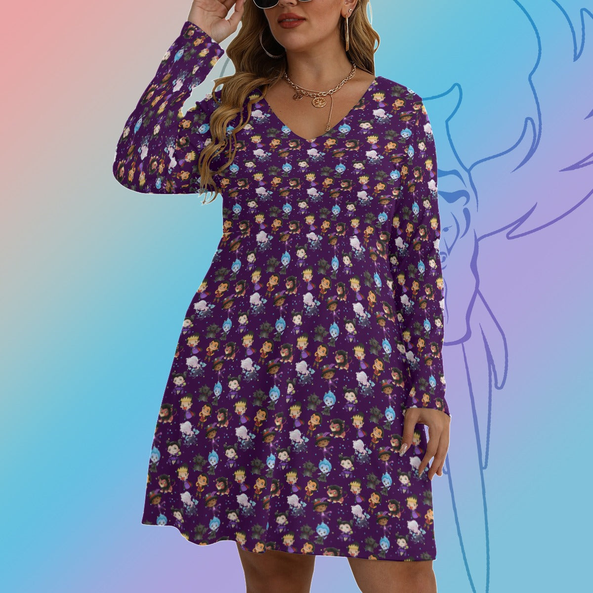 Purple Villains V-neck Long Sleeve Dress