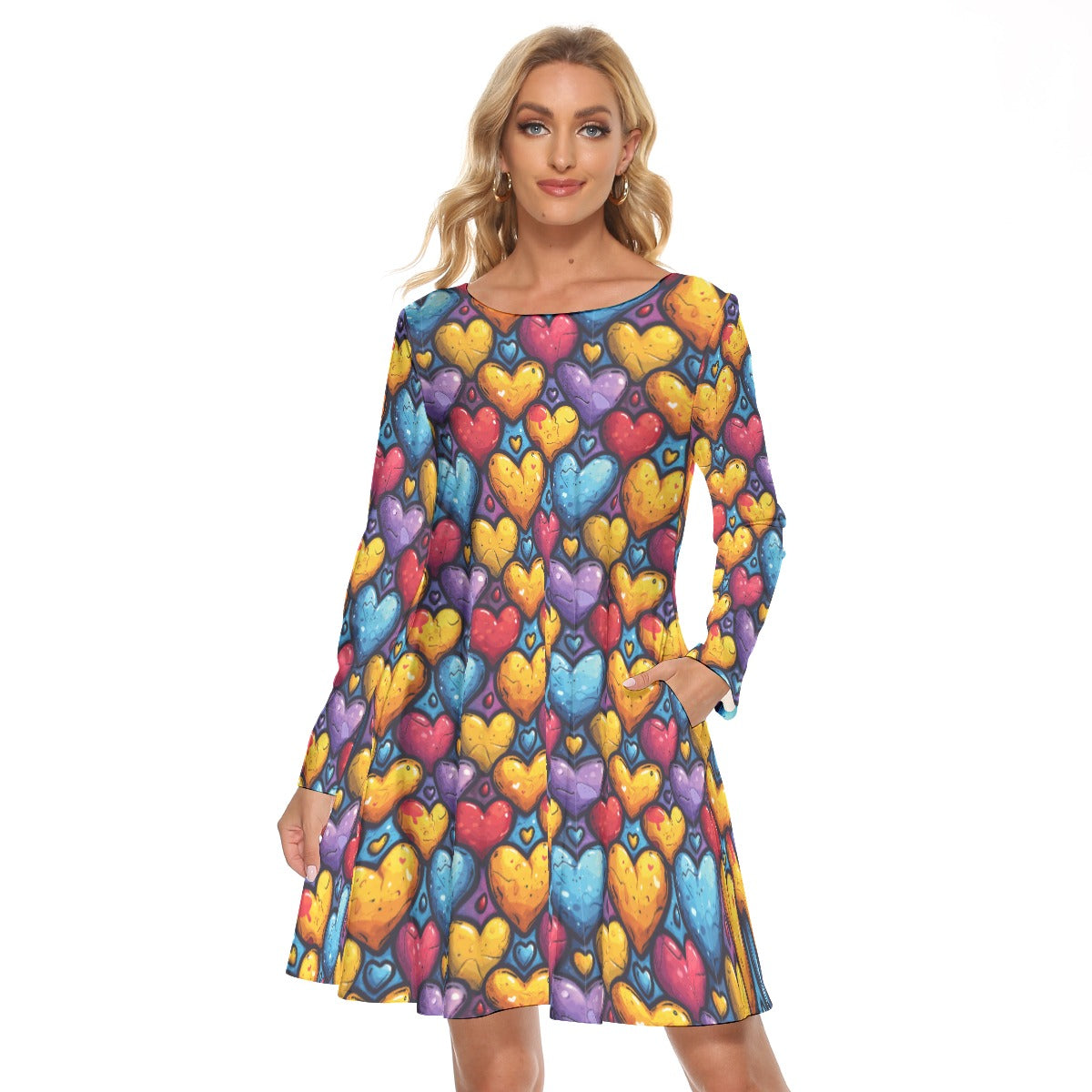 Heart Print Crew Neck Dress