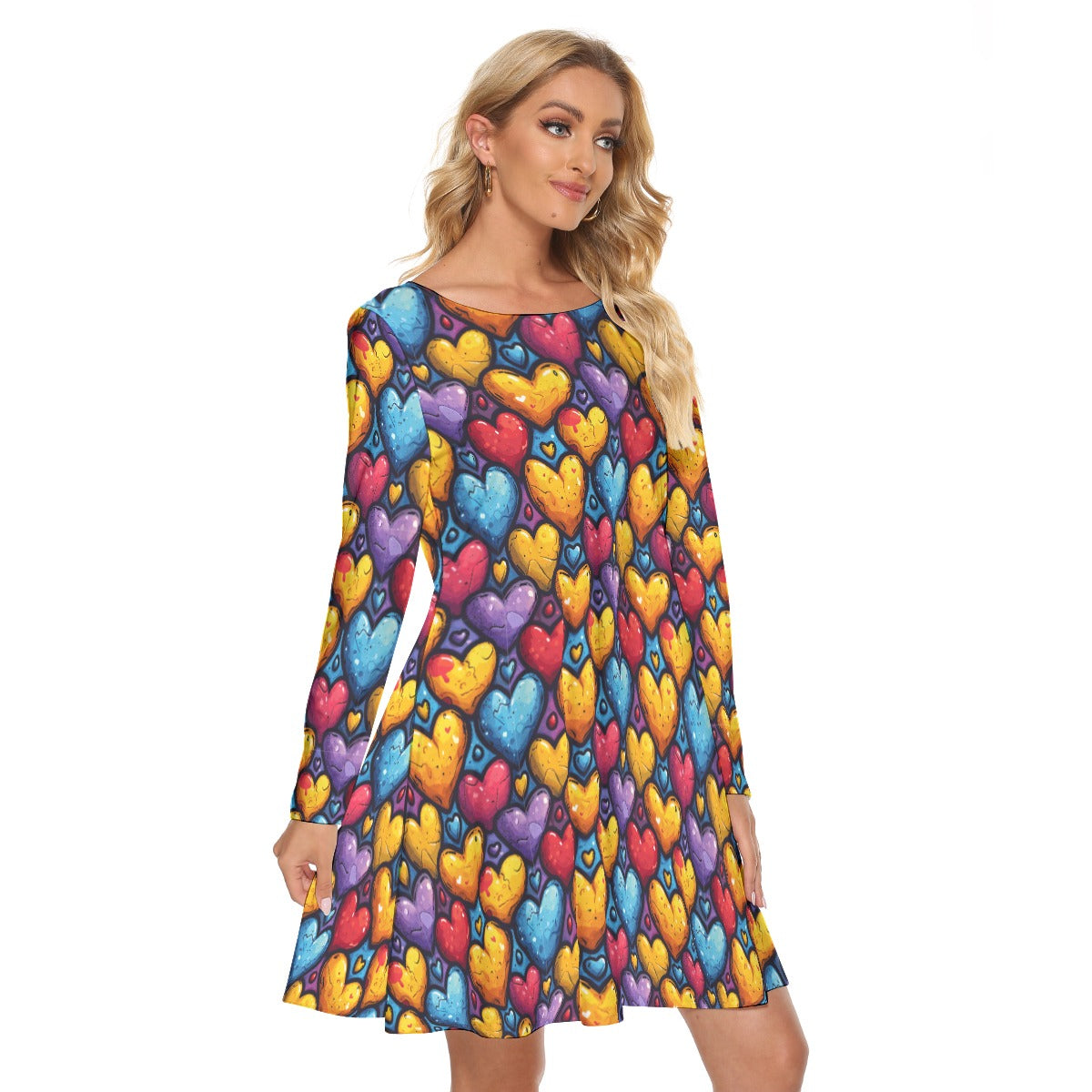 Heart Print Crew Neck Dress