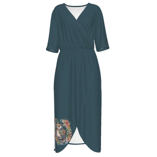 Green Owl V-neck Wrap Front Dress